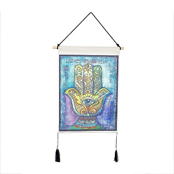 Polyester Decorative Wall Tapestrys, for Home Decoration, with Wood Bar, Nulon Rope, Plastic Hook, Rectangle, Hamsa Hand Pattern, 670x348x1.2mm