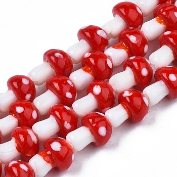 Autumn Theme Mushroom Handmade Lampwork Beads Strands, Red, 12.5~14x10~11mm, Hole: 1.5mm, about 24~25pcs/strand, 12.20 inch~12.99 inch(31cm~33cm)