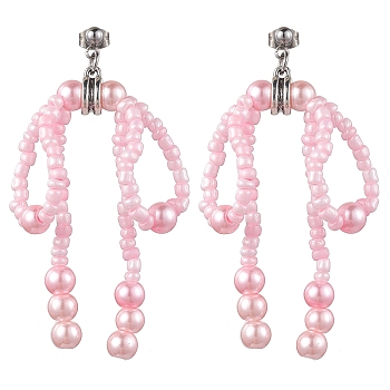 Glass Seed & Imitation Pearl Bowknot Dangle Stud Earrings, 304 Stainless Steel Long Drop Earrings, Pearl Pink, 67x47mm