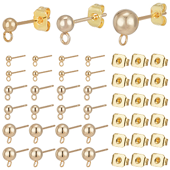 120Pcs 3 Style 304 & 202 Stainless Steel & Brass Ball Post Stud Earring Findings Sets, with Horizontal Loops & 120Pcs Brass Friction Ear Nuts, Mixed Color, 15~17x5~9x3~4mm, Hole: 1~1.5mm, Pin: 0.7~0.8mm, 40Pcs/style