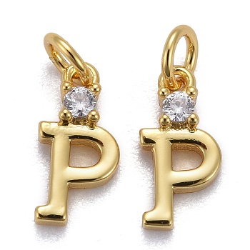 Brass Micro Pave Clear Cubic Zirconia Pendants, with Jump Rings, Real 18K Gold Plated, Long-Lasting Plated, Letter, Letter.P, 10.5x5x2mm