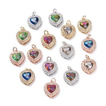 Brass Micro Pave Cubic Zirconia Pendants, Heart, Mixed Color, 16.5x14x6mm, Hole: 3.4mm, Jump Ring: 5x0.8mm