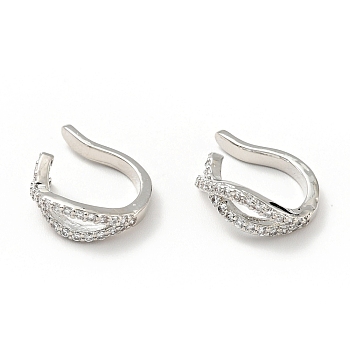 Clear Cubic Zirconia Criss Cross Cuff Earrings, Brass Jewelry for Non-pierced Ears, Cadmium Free & Lead Free, Platinum, 16x13x4mm