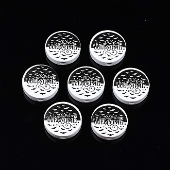 Halloween Printed Natural Wood Beads, Flat Round with Word Welcome & Bat Pattern, Black, 19~20x5.9mm, Hole: 2~2.2mm