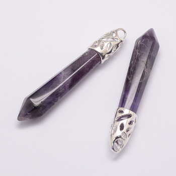 Natural Amethyst Big Pointed Pendants, with Alloy Findings, Bullet, Platinum, 57~63x13x10mm, Hole: 3x4mm