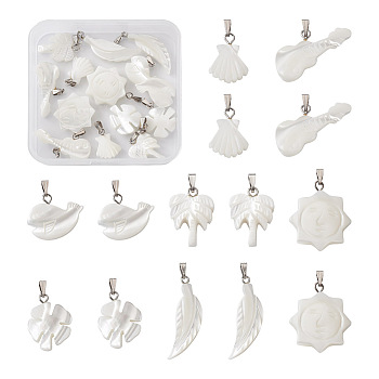 14Pcs 7 Styles Natural Freshwater Shell Pendants, with Platinum Tone Brass Findings, Sun & Feather & Coconut, Mixed Shapes, Antique White, 15~31x9~19x2.8~4mm, 2pcs/style