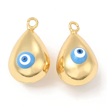 Brass Pendants, with Enamel, Real 18K Gold Plated, Long-Lasting Plated, Teardorp with Evil Eye Charm, Deep Sky Blue, 26x15.5x15mm, Hole: 2.6mm