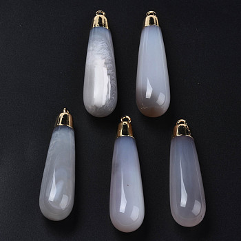 Natural Agate Big Pendants, with Golden Brass Findings, Rack Plating, Teardrop, Light Grey, 60~61x14.5x14.5mm, Hole: 2mm