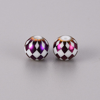 Electroplate Glass Beads, Round with Grid Pattern, Purple Plated, 10mm, Hole: 1.2mm