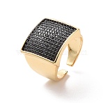 Cubic Zirconia Rectangle Open Cuff Ring, Real 18K Gold Plated Brass Wide Ring for Women, Cadmium Free & Nickel Free & Lead Free, Black, US Size 6 1/2(16.9mm)(RJEW-P035-05G-02)