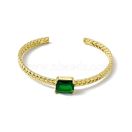 Green Glass Rectangle Open Cuff Bangle, Rack Plating Brass Jewelry for Women, Cadmium Free & Lead Free & Nickle Free, Real 18K Gold Plated, Inner Diameter: 2-1/2 inch(6.2cm)(BJEW-I307-01G)