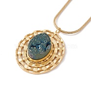 Natural Quartz Flat Round Pendant Necklace with 304 Stainless Steel Snake Chain, Druzy Gemstone Jewelry for Women, Golden, Teal, 17.72 inch(45cm)(NJEW-K244-07G)