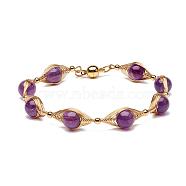 Natural Amethyst Beaded Bracelets for Men Women, with Brass & 304 Stainless Steel Finding, Magnetic Clasps, 7-1/2 inch(19cm), Bead: 8.7mm(BJEW-TA00012-03)