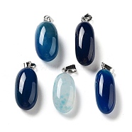 Natural Agate Dyed Pendants, Oval Charms with Stainless Steel Color Plated Stainless Steel Snap on Bails, Marine Blue, 21~32x9.5~16.5x10.5x7.5~12.5mm, Hole: 6x3mm(G-Q016-03A)
