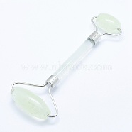 Green Watermelon Stone Glass Brass Face Massager, Facial Rollers, Platinum, 142~150x54~58x19~22mm(MRMJ-G009-20P)