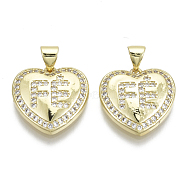 Brass Micro Pave Clear Cubic Zirconia Pendants, with Brass Snap on Bails, Nickel Free, Heart, Real 16K Gold Plated, 17x17x4mm, Hole: 5x3mm(ZIRC-N039-040A-NF)