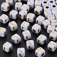 Opaque White Acrylic Beads, Metal Enlaced, Cube with Letters, Letter.L, 4.5mm, Hole: 2mm, about 5000pcs/500g(MACR-Q242-010L)