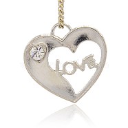 Cute Valentines Day Gift Ideas Platinum Plated Alloy Rhinestone Pendants, Heart with LOVE, Crystal, 31x31x2mm, Hole: 4x5mm(ALRI-J088-01P)