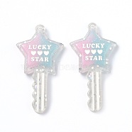 Two Tone Resin Big Pendants, Glitter Powder, Star Key with Word LUCKY & STAR & Heart Pattern, Pink, 58x31x6mm, Hole: 2.3mm(RESI-Z001-02A)