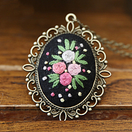 DIY Embroidery Flower Pendant Necklace Making Kit, Including Alloy Cable Chains & Pendant Cabochon Settings, Needle Pin, Cotton Thread, Plastic Embroidery Hoops, Black, 460mm(HUDU-PW0001-063T)