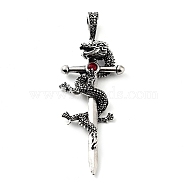 Tibetan Style Alloy Big Pendants, with Rhinestone, Sword with Dragon Charms, Antique Silver, 66x24.5x6.5mm, Hole: 8.5x5mm(TIBE-L012-002AS)