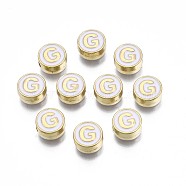 Alloy Enamel Beads, Cadmium Free & Lead Free, Light Gold, Flat Round with Alphabet, White, Letter.G, 8x4mm, Hole: 1.5mm(ENAM-N052-006-01G-RS)
