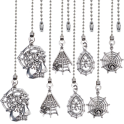 Tibetan Style Alloy Ceiling Fan Pull Chain Extenders, Halloween Spider & Web & Witch Pendant Decoration, with Iron Ball Chains, Antique Silver, 350~362mm, 4 style, 3pcs/style, 12pcs/set(AJEW-AB00128)