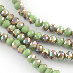 Electroplate Glass Faceted Rondelle Bead Strands, Half Rainbow Plated, Pale Green, 6x4mm, Hole: 1mm, about 87~90pcs/strand, 15.7 inch(EGLA-Q054-6mm-09)