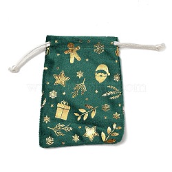 Gold Stamping Christmas Velvet Storage Bags, Drawstring Bags, Rectangle, Green, Mixed Shapes, 12x9x0.01cm(ABAG-Q053-01B-01D)