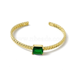 Green Glass Rectangle Open Cuff Bangle, Rack Plating Brass Jewelry for Women, Cadmium Free & Lead Free & Nickle Free, Real 18K Gold Plated, Inner Diameter: 2-1/2 inch(6.2cm)(BJEW-I307-01G)