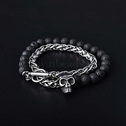 Natural Lava Rock & Stainless Steel Skull Beaded Bracelet with Wheat Chains, 8-1/4 inch(21cm)(PW-WG61835-01)
