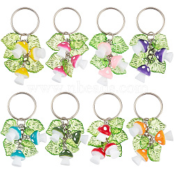 Resin Mushroom Keychain, with Acrylic Leaf and Iron Keychain Ring, Mixed Color, 6.8cm, 8pcs/set(KEYC-PH01517)