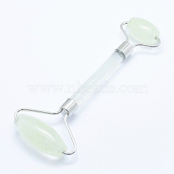 Green Watermelon Stone Glass Brass Face Massager, Facial Rollers, Platinum, 142~150x54~58x19~22mm(MRMJ-G009-20P)