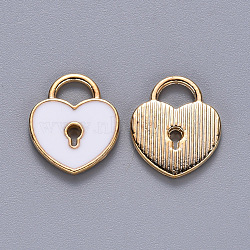 Alloy Enamel Charms, Heart Lock, Light Gold, White, 13x11x1.5mm, Hole: 3x4mm(ENAM-S121-039C)