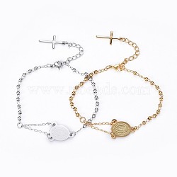 304 Stainless Steel Charm Bracelets, Religion Theme, Oval and Cross, Rosary Center Pieces, Mixed Color, 6-3/4 inch(17~17.25cm), 2.8mm(BJEW-P258-16)