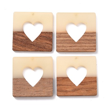 Resin & Walnut Wood Pendants, Square with Heart, Mixed Color, 38x38x3mm, Hole: 2mm