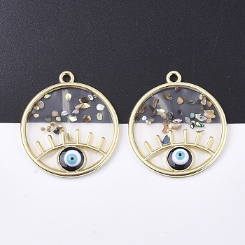 Epoxy Resin Pendants, with Shell, Alloy Findings and Enamel, Flat Round with Eye, Golden, Black, 39x34x4mm, Hole: 2.5mm