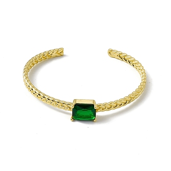 Green Glass Rectangle Open Cuff Bangle, Rack Plating Brass Jewelry for Women, Cadmium Free & Lead Free & Nickle Free, Real 18K Gold Plated, Inner Diameter: 2-1/2 inch(6.2cm)