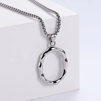 3Pcs Stainless Steel Textured Letter Pendant Box Chain Necklaces, Stainless Steel Color, Letter O