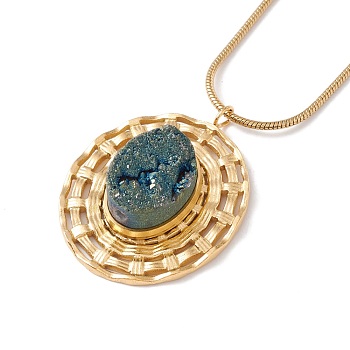 Natural Quartz Flat Round Pendant Necklace with 304 Stainless Steel Snake Chain, Druzy Gemstone Jewelry for Women, Golden, Teal, 17.72 inch(45cm)