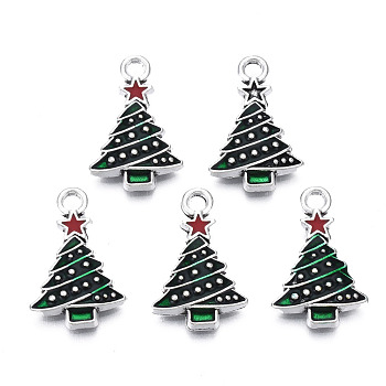 Christmas Alloy Enamel Pendants, Cadmium Free & Nickel Free & Lead Free, Platinum, Christmas Tree, Dark Green, 21x13x3mm, Hole: 2mm
