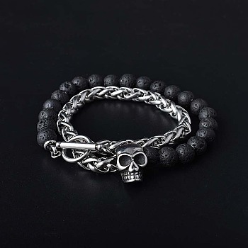 Natural Lava Rock & Stainless Steel Skull Beaded Bracelet with Wheat Chains, 8-1/4 inch(21cm)