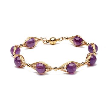 Natural Amethyst Beaded Bracelets for Men Women, with Brass & 304 Stainless Steel Finding, Magnetic Clasps, 7-1/2 inch(19cm), Bead: 8.7mm