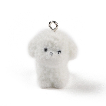 Flocking Resin Cute Puppy Pendants, Dog Charms with Platinum Plated Iron Loops, White, 31.5x23x20mm, Hole: 2.5mm