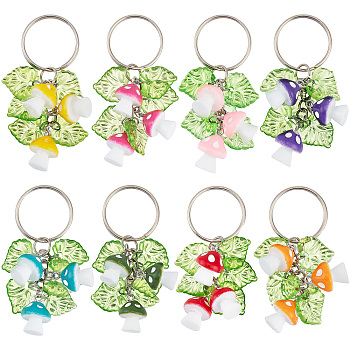 Resin Mushroom Keychain, with Acrylic Leaf and Iron Keychain Ring, Mixed Color, 6.8cm, 8pcs/set