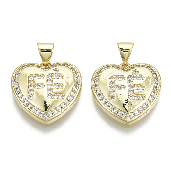 Brass Micro Pave Clear Cubic Zirconia Pendants, with Brass Snap on Bails, Nickel Free, Heart, Real 16K Gold Plated, 17x17x4mm, Hole: 5x3mm