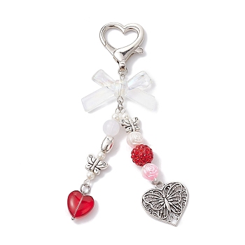 Heart Butterfly Bowknot Acrylic Pendant Decorations, with Heart Shape Alloy Lobster Claw Clasps, Red, 108.5mm