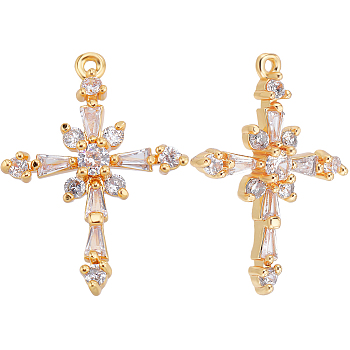 5Pcs Brass Pave Cubic Zirconia Pendants, Cross, Real 18K Gold Plated, 23.5x17.5x4mm, Hole: 1mm