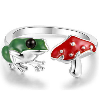 Frog & Mushroom Alloy Open Cuff Ring for Women, Platinum, US Size 5 3/4(16.3mm)