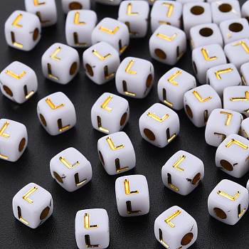 Opaque White Acrylic Beads, Metal Enlaced, Cube with Letters, Letter.L, 4.5mm, Hole: 2mm, about 5000pcs/500g